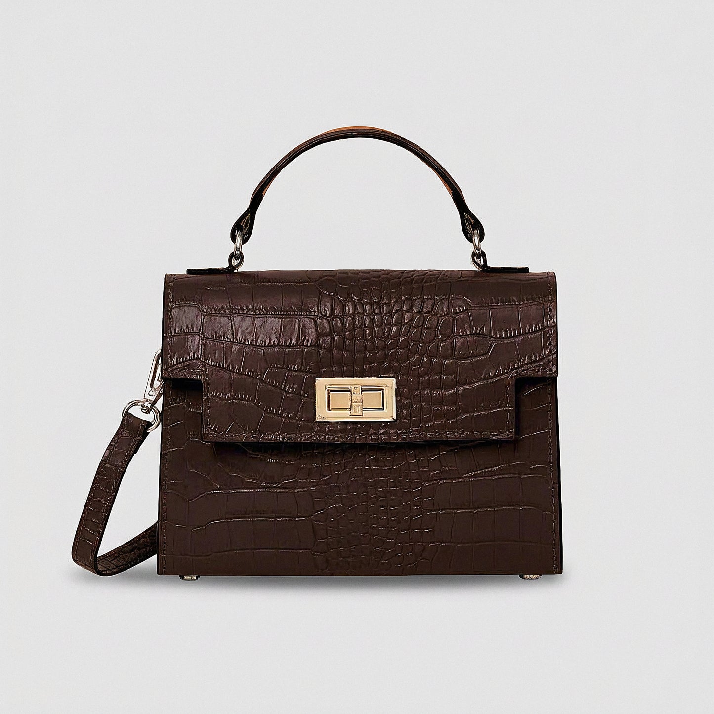 Chocolate Margot Croc crossbody bag, studio product photo on grey background