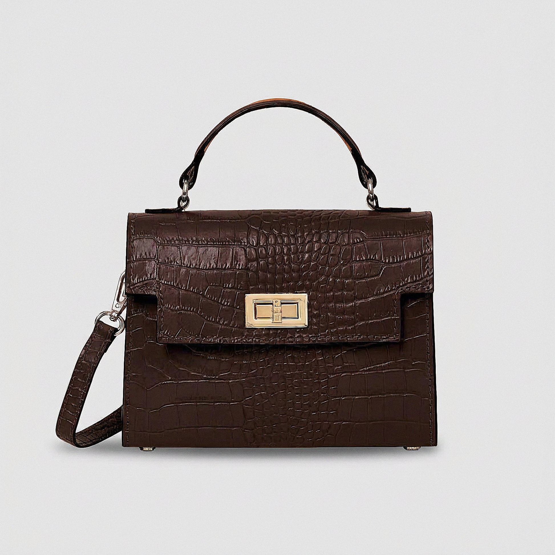 Chocolate Margot Croc crossbody bag, studio product photo on grey background