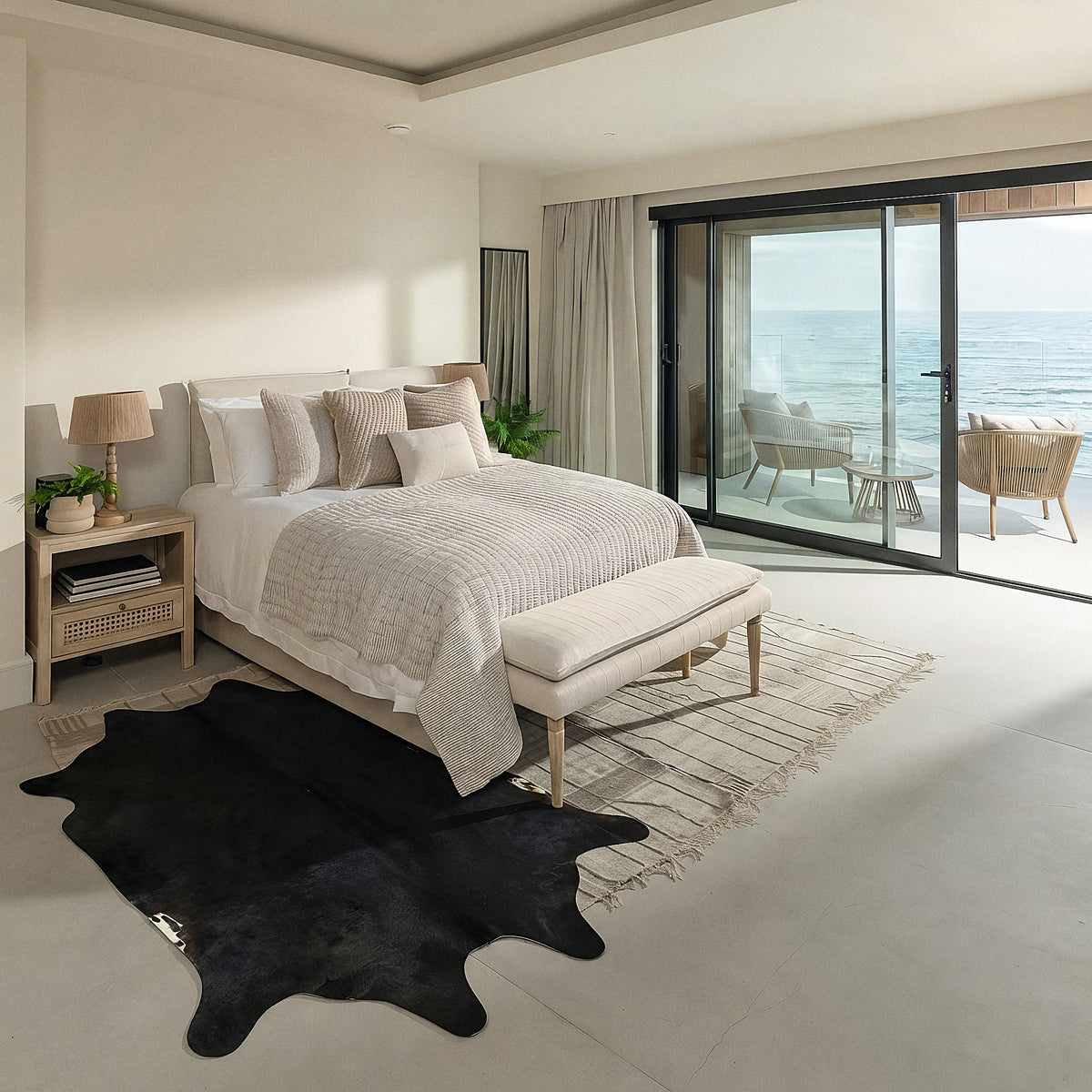 Black cowhide rug in a coastal ocean-view bedroom