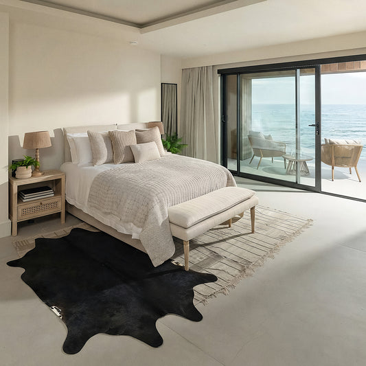 Black cowhide rug in a coastal ocean-view bedroom