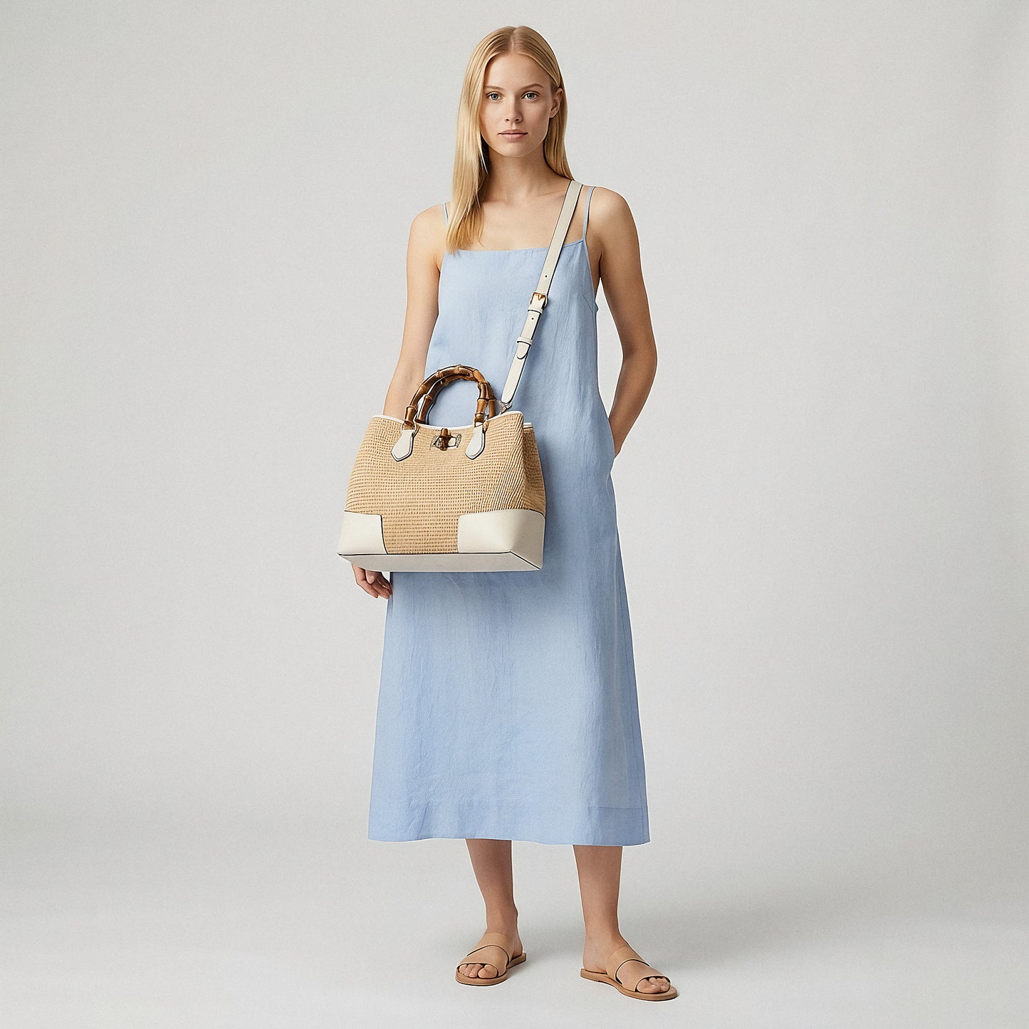 Model wearing the White Ginevra Bamboo-Handle Raffia Bag by Clemés crossbody, studio shot
