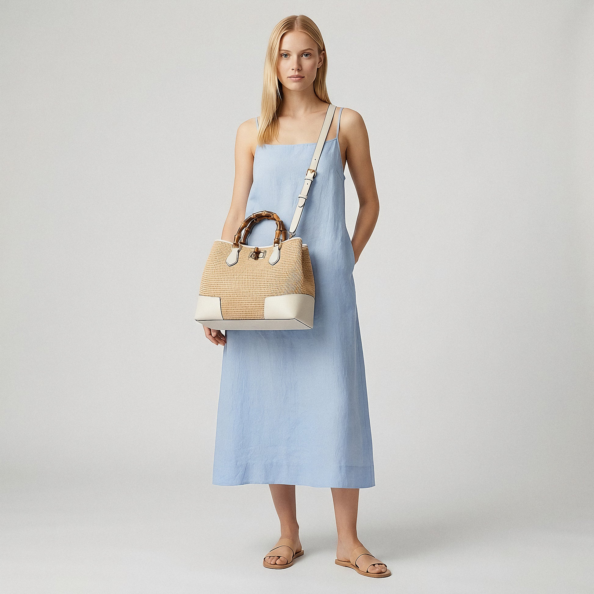 Model wearing the White Ginevra Bamboo-Handle Raffia Bag by Clemés crossbody, studio shot