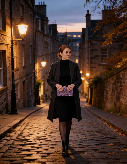 Woman holding the Violet Gemma Natural Stone Box Clutch on a cobbled Edinburgh Old Town street at dusk