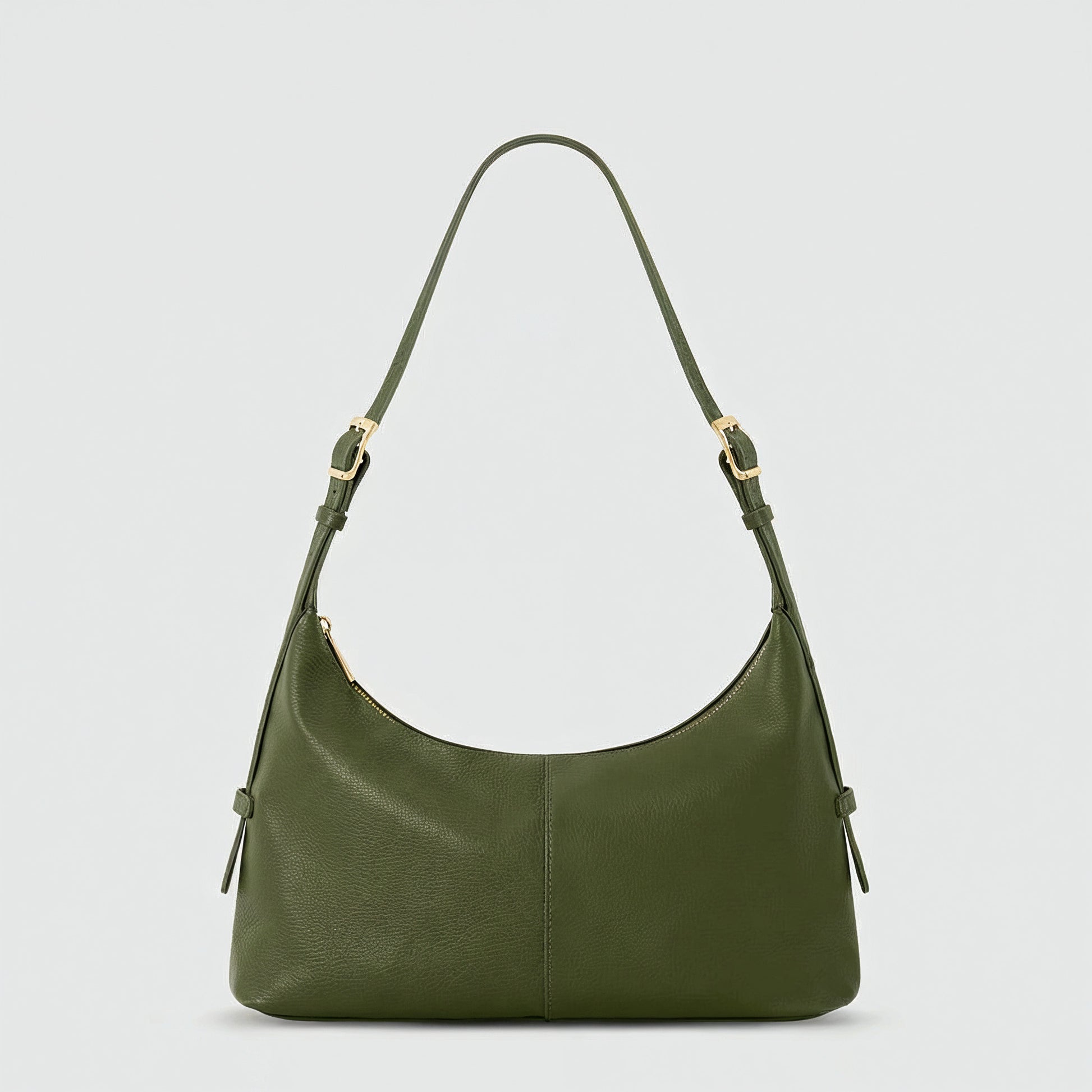 Elettra leather shoulder bag in dark olive on a light grey studio background