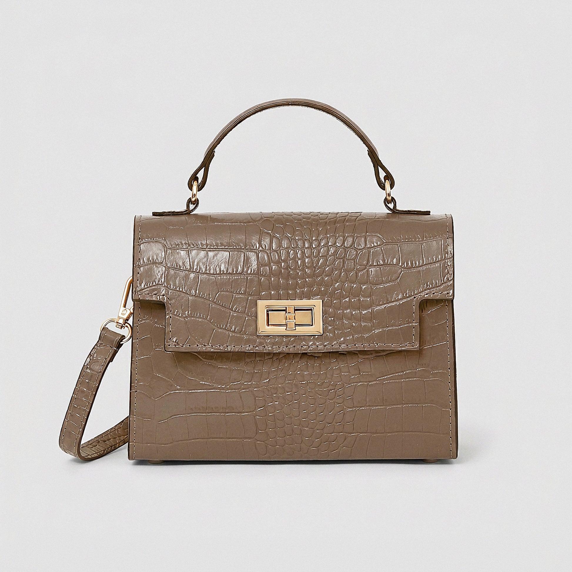 Taupe Margot Croc crossbody bag, studio product photo on grey background