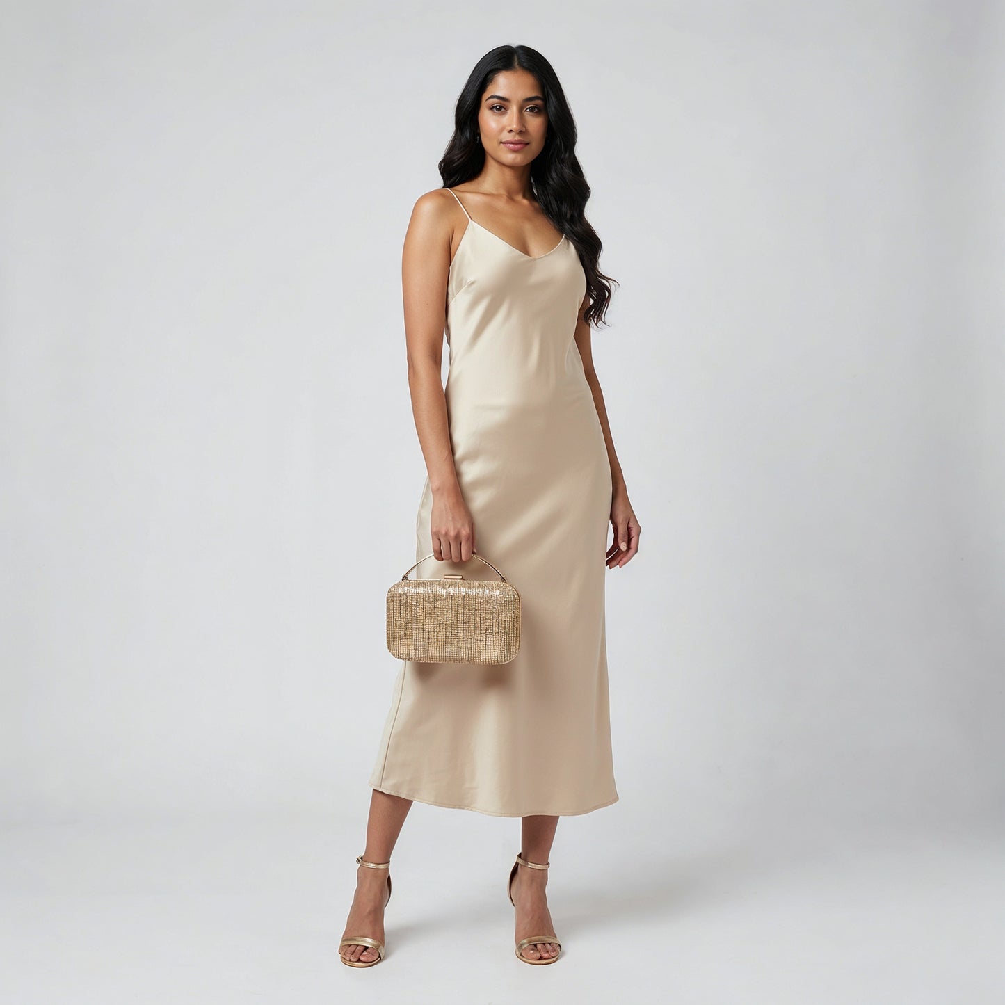 Model holding the Gold Odette Crystal Minaudière Clutch by its top handle, studio shot