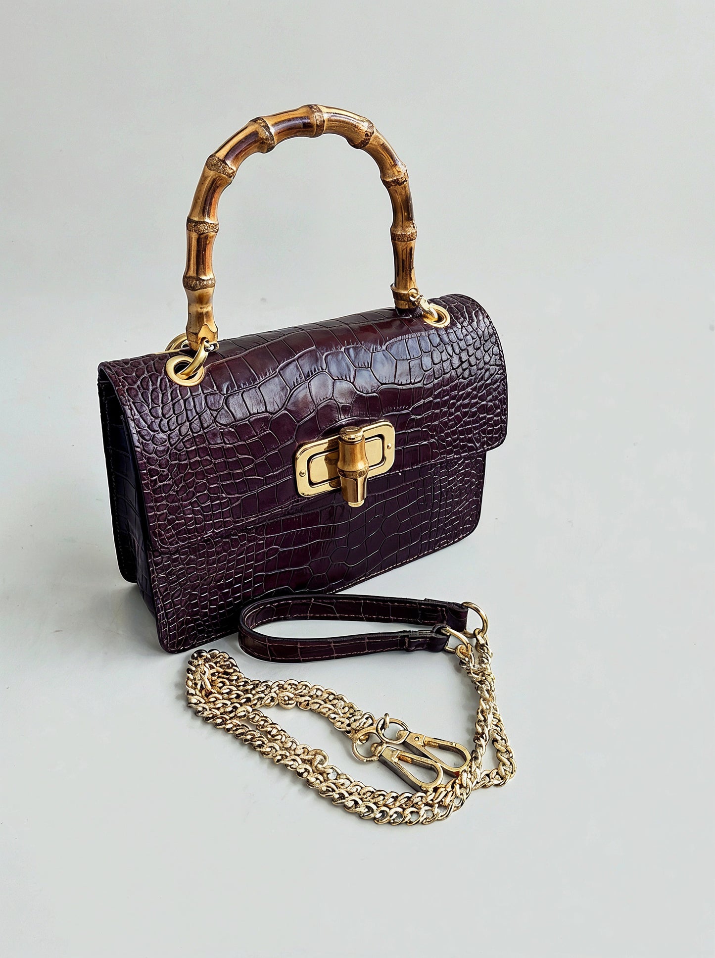 Clotilde Bamboo Croc Handbag by Clemés - Burgundy - alternate three-quarter front view