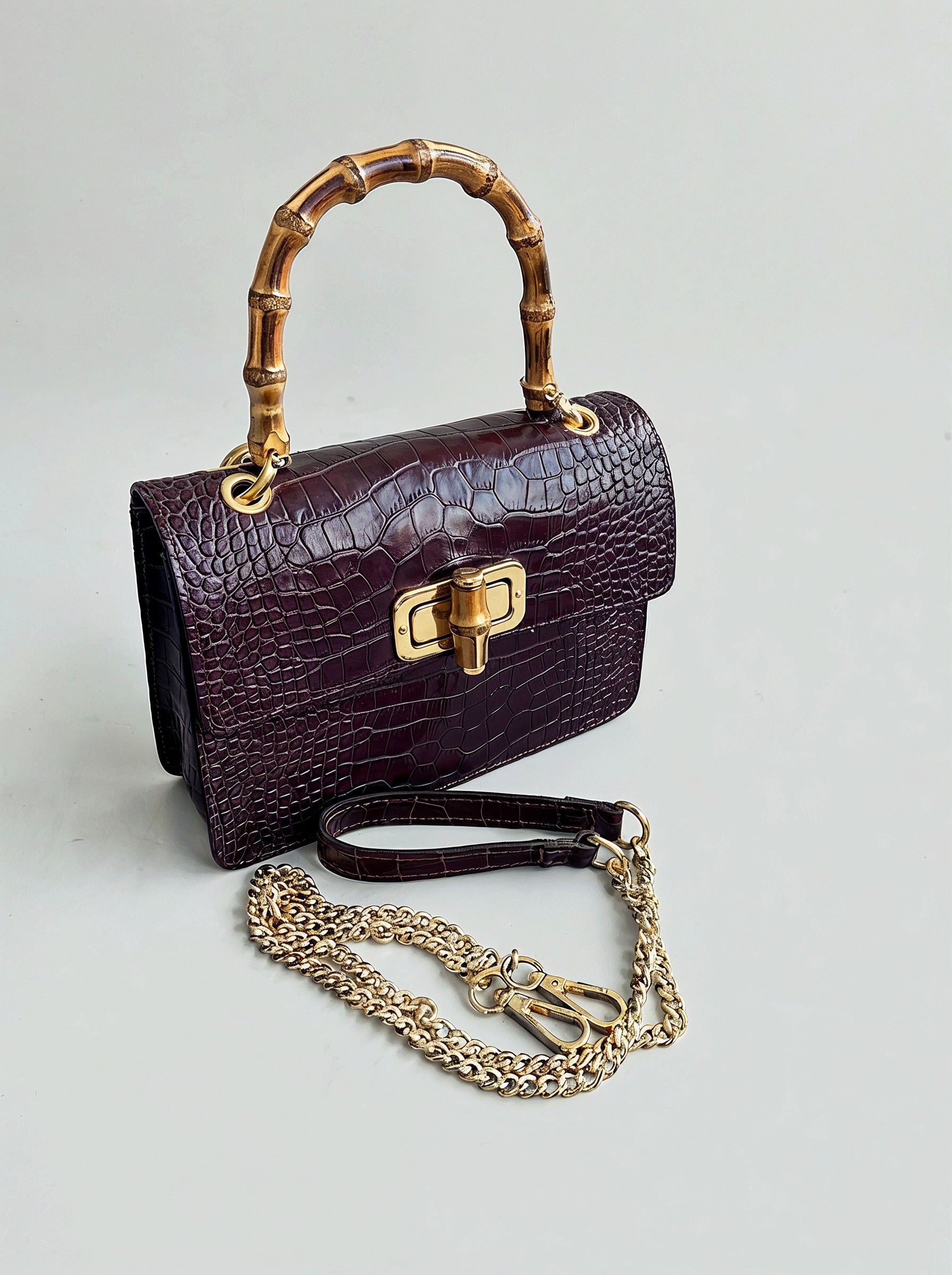 Clotilde Bamboo Croc Handbag by Clemés - Burgundy - alternate three-quarter front view