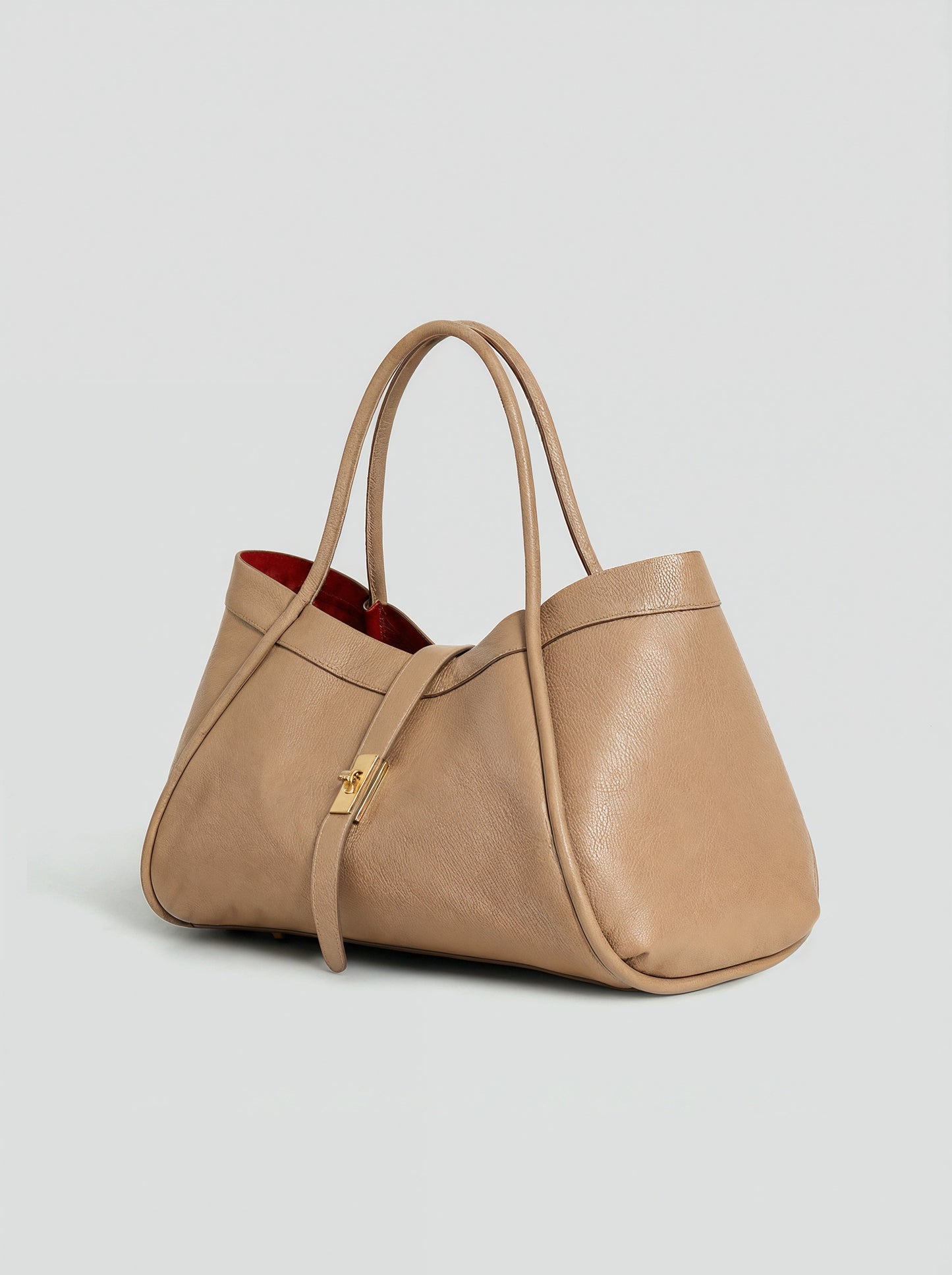 Bianca Large Leather Handbag by Clemés in Light Taupe, three-quarter studio shot on light grey background