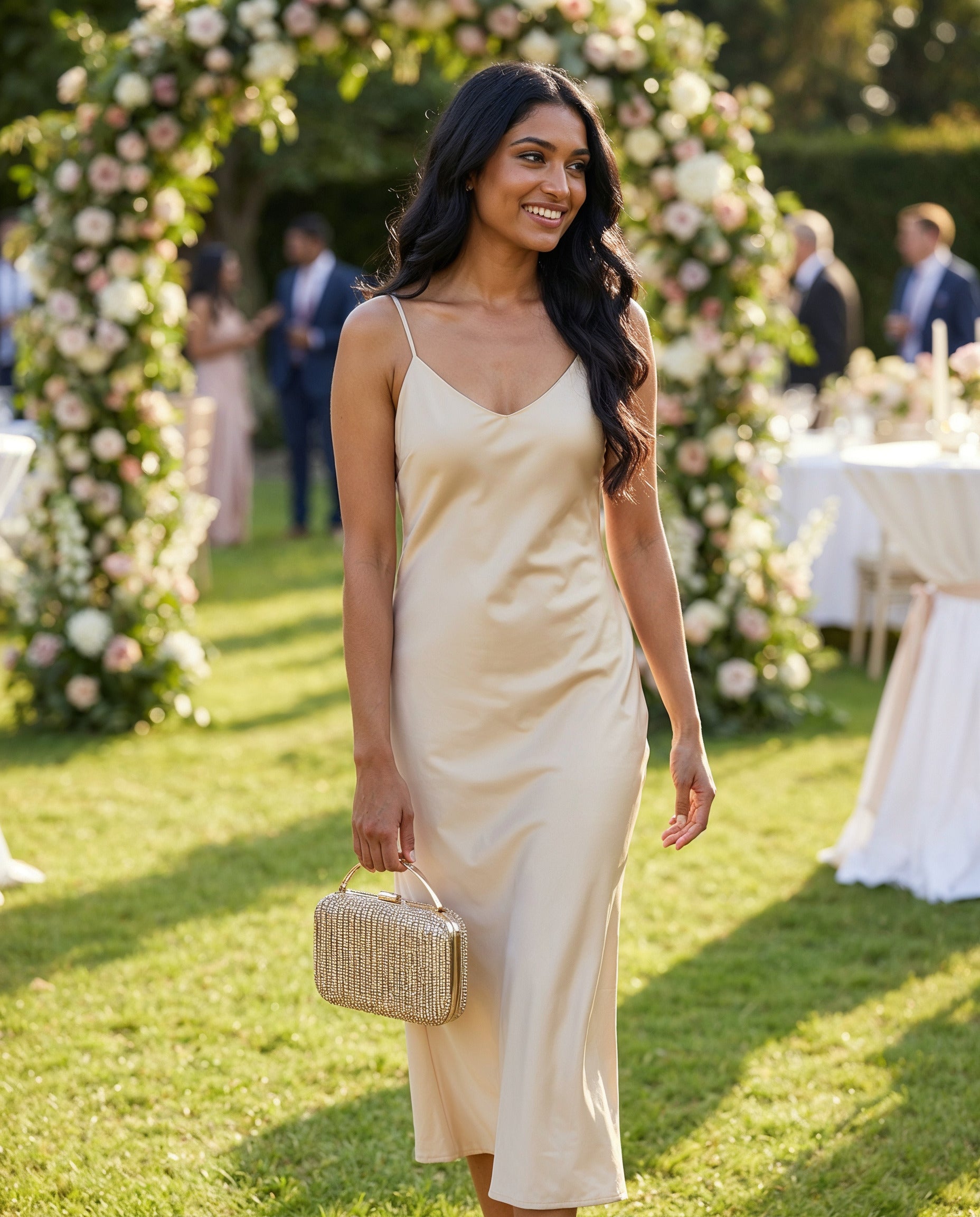 Woman carrying the Gold Odette Crystal Minaudière Clutch at a summer garden wedding