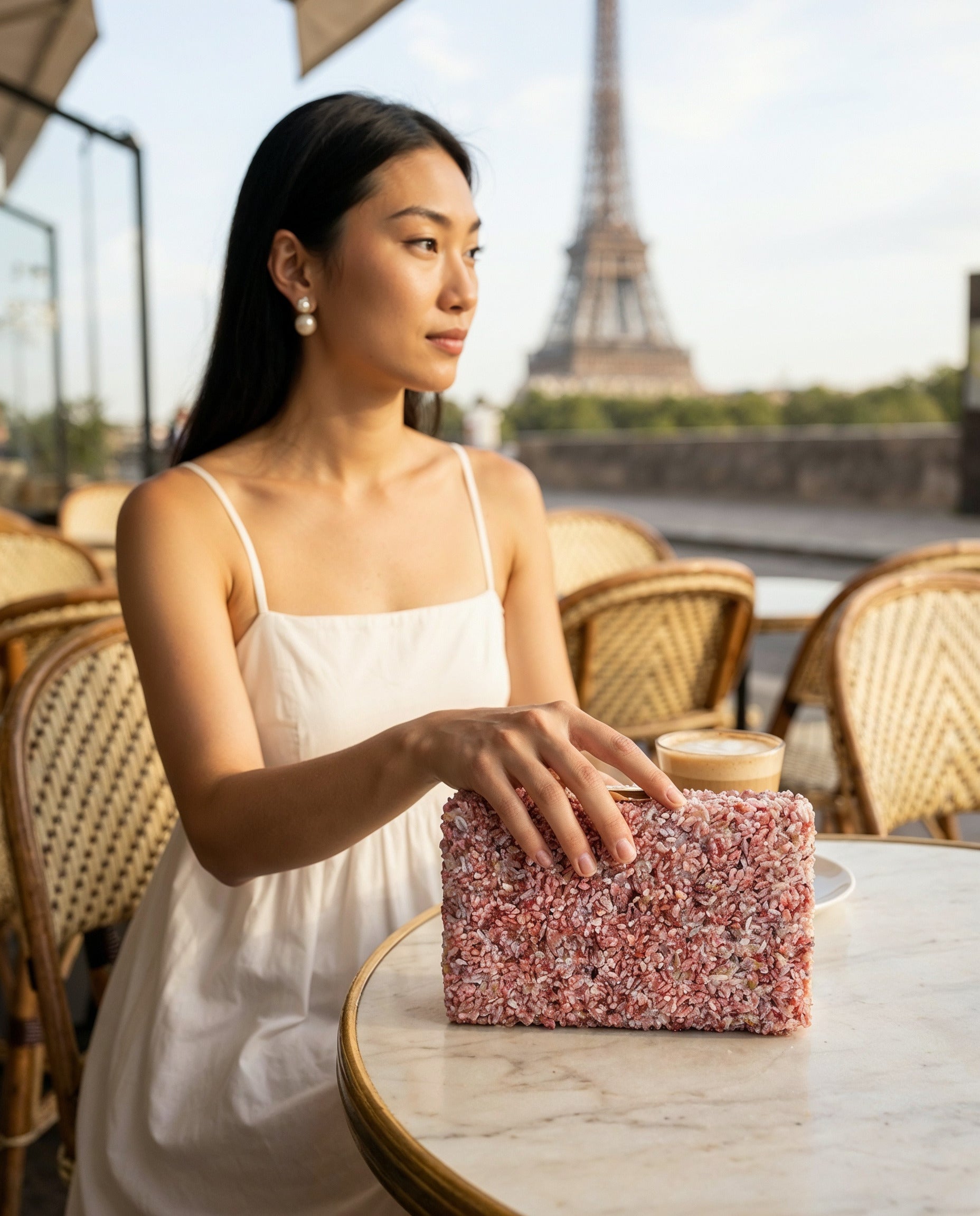 Woman with the Lilac Gemma Natural Stone Box Clutch at a Paris café terrace near the Eiffel Tower