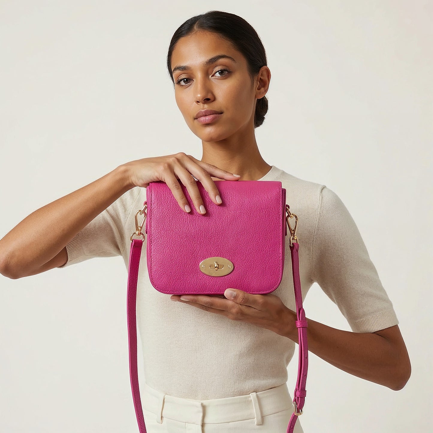 Close-up of the Fuchsia Chiara crossbody bag and gold turn-lock clasp held in both hands