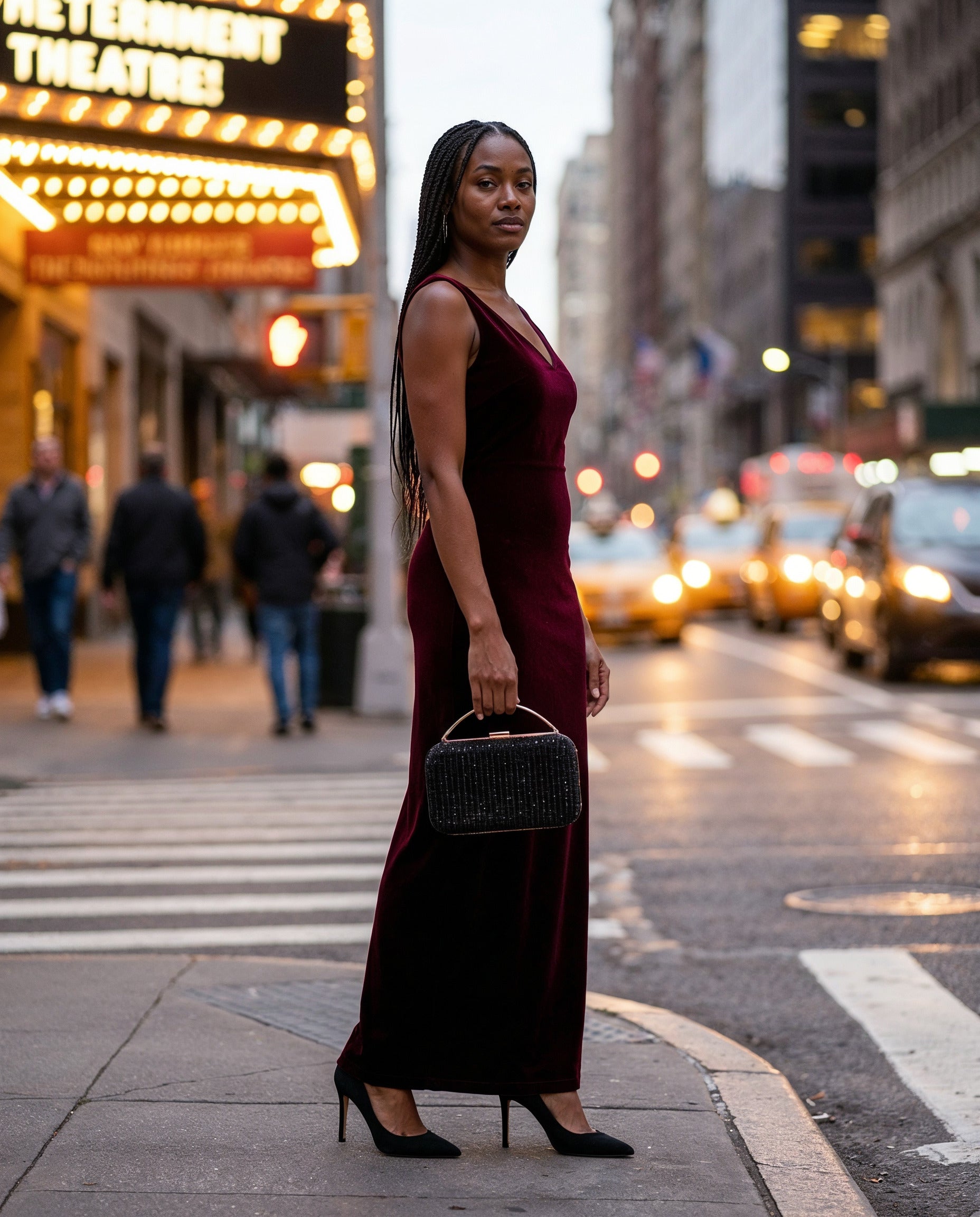 Woman with the Black Odette Crystal Minaudière Clutch on an evening city street