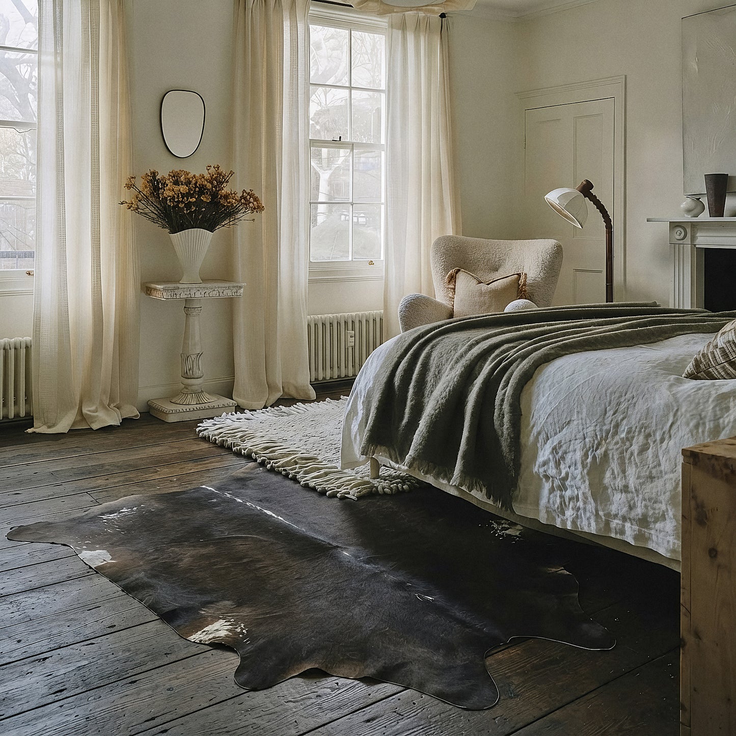 Espresso solid cowhide rug styled on the floor of a warm neutral bedroom