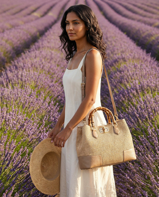Woman with the Light Taupe Ginevra bag in a lavender field in Provence, France