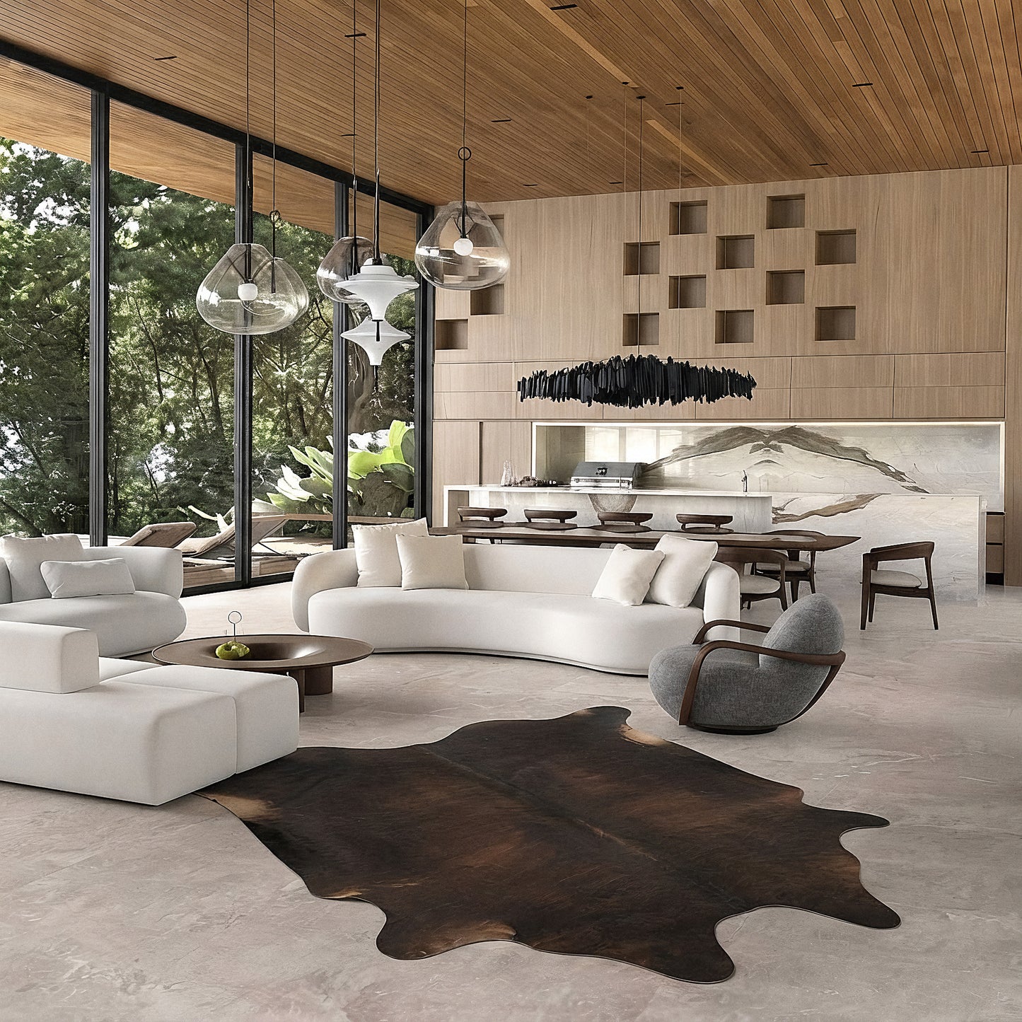 Dark chocolate cowhide rug styled on the floor of a dark academia living room