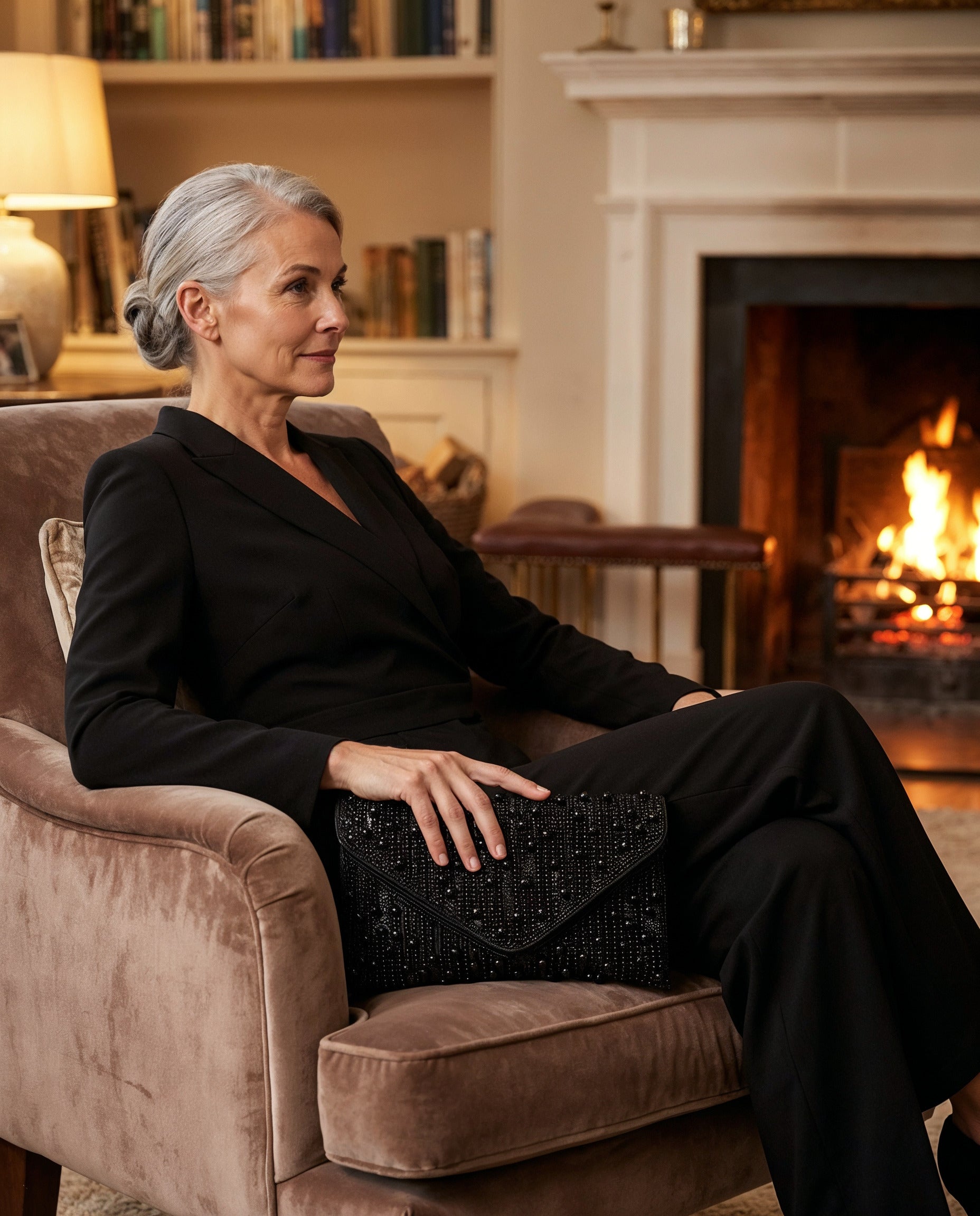 Woman with the Black Perlette Pearl & Crystal Envelope Clutch by a fireside in a warm living room