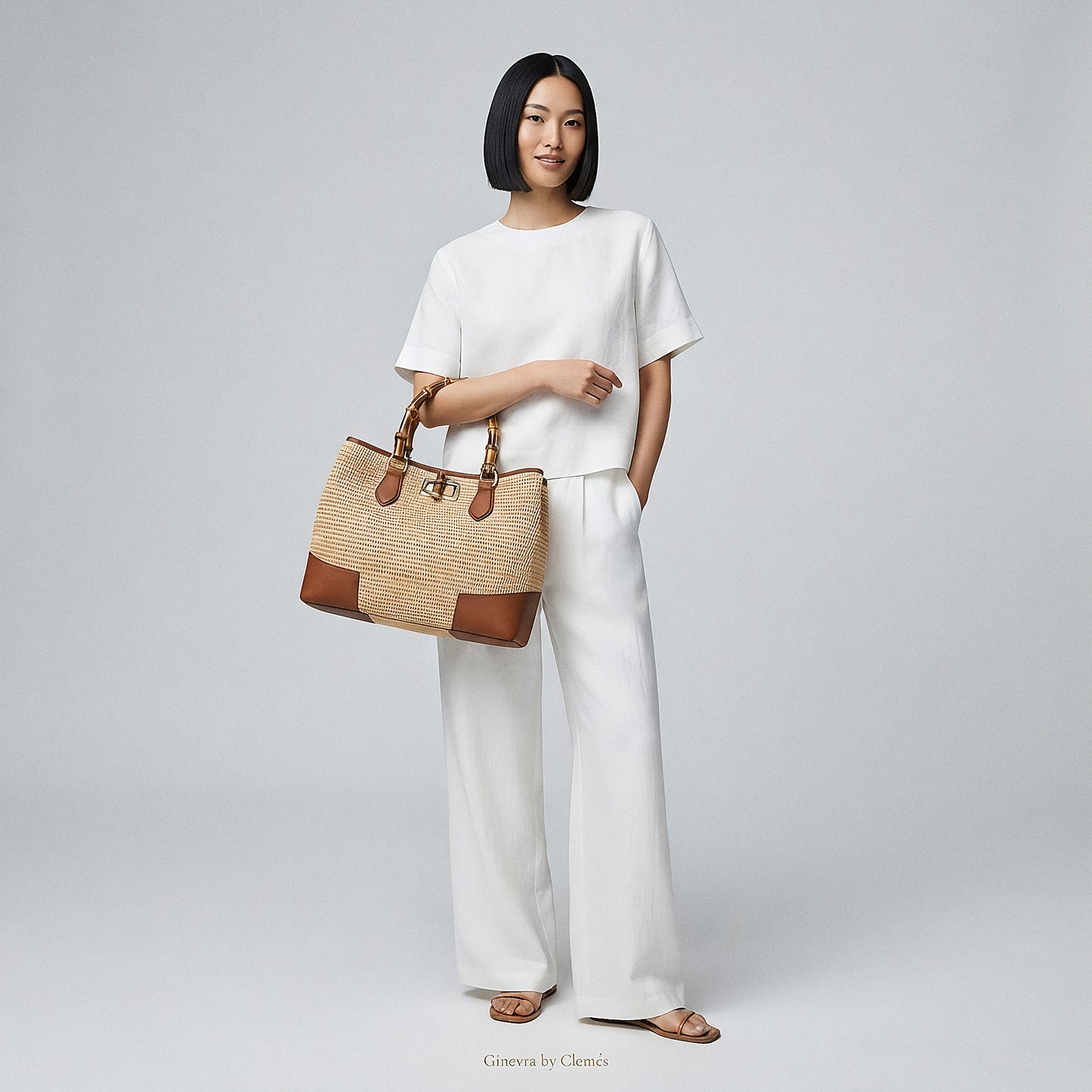 Model carrying the Cognac Ginevra Bamboo-Handle Raffia Bag by Clemés at the crook of her elbow, studio shot