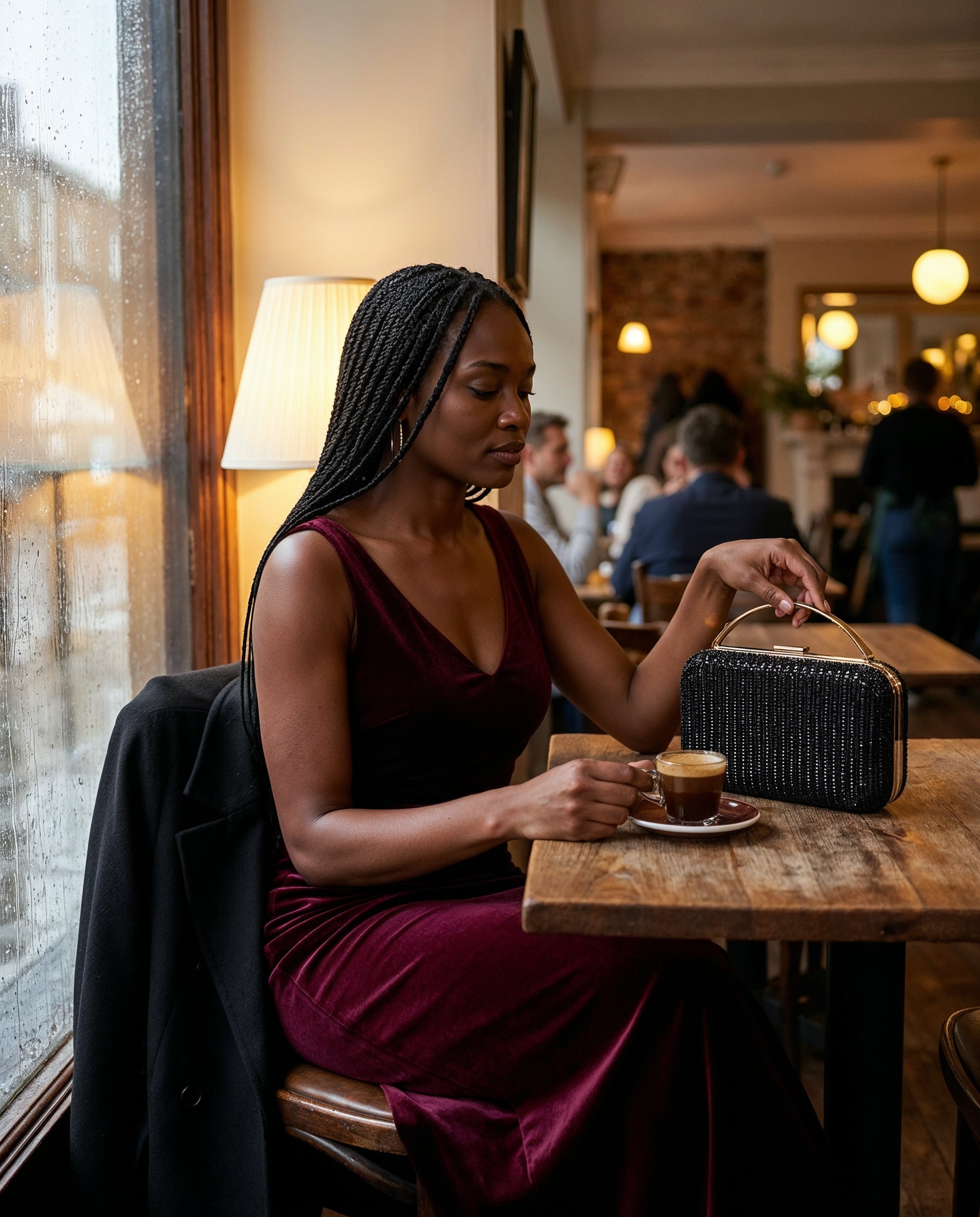 Woman with the Black Odette Crystal Minaudière Clutch at a cosy café window seat