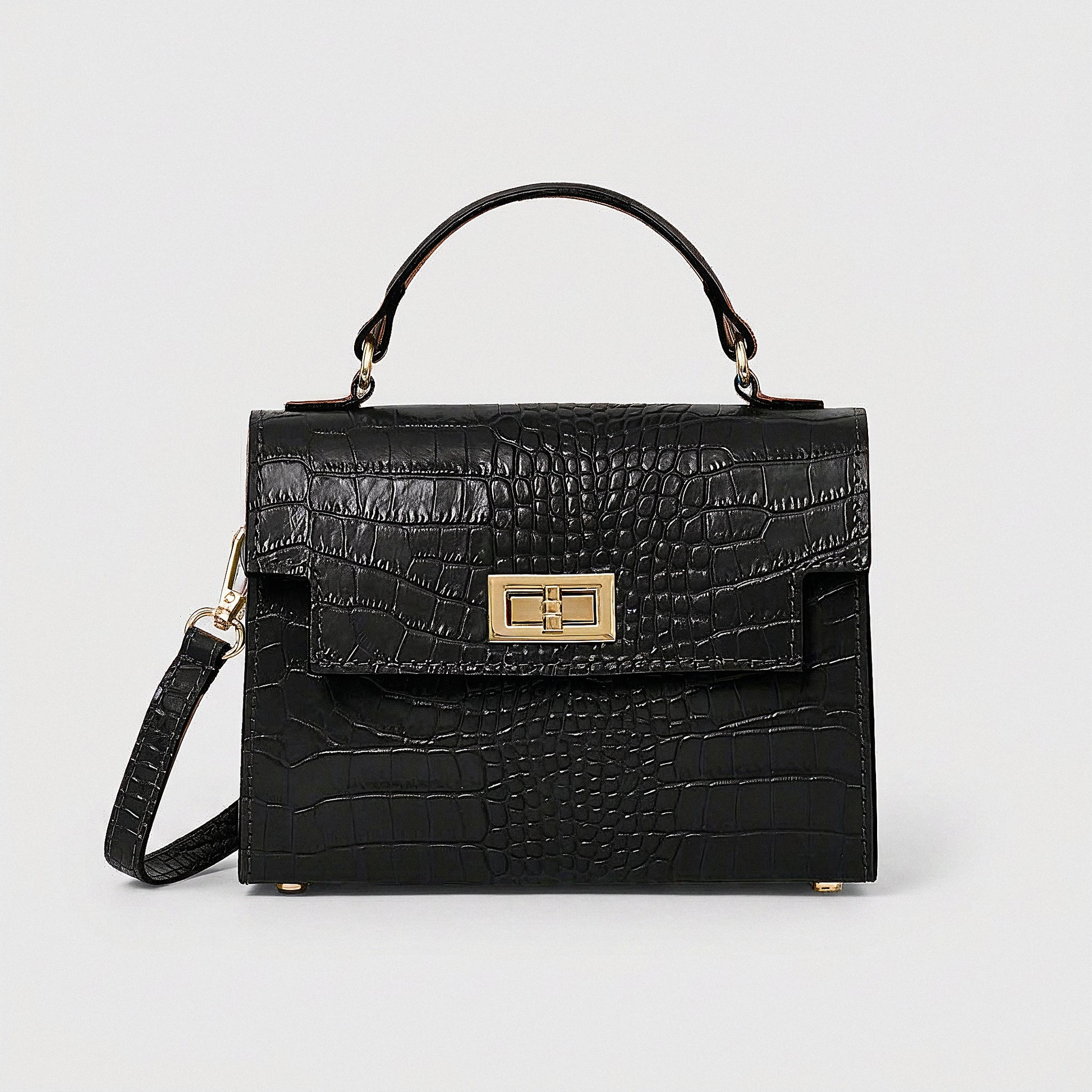 Black Margot Croc crossbody bag, studio product photo on grey background
