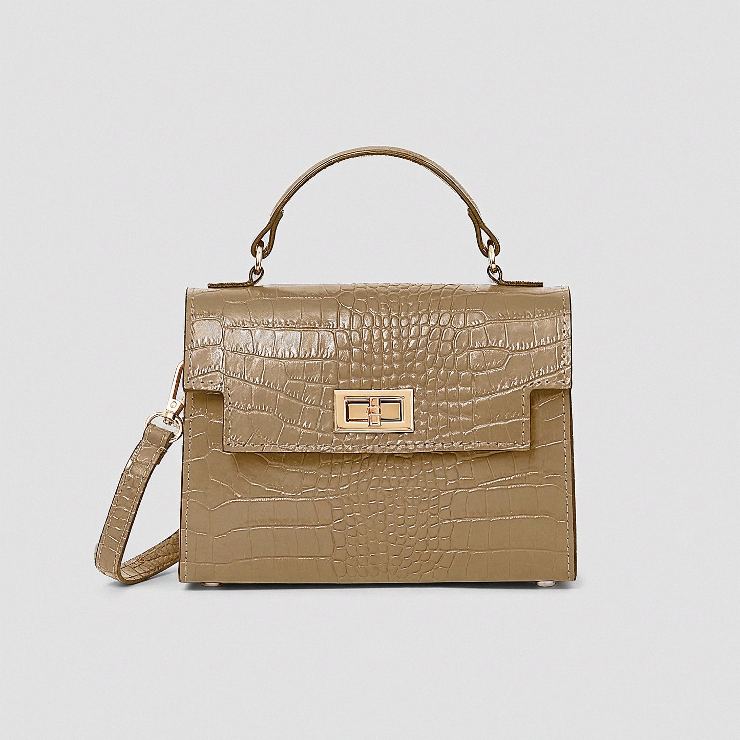 Light Taupe Margot Croc crossbody bag, studio product photo on grey background