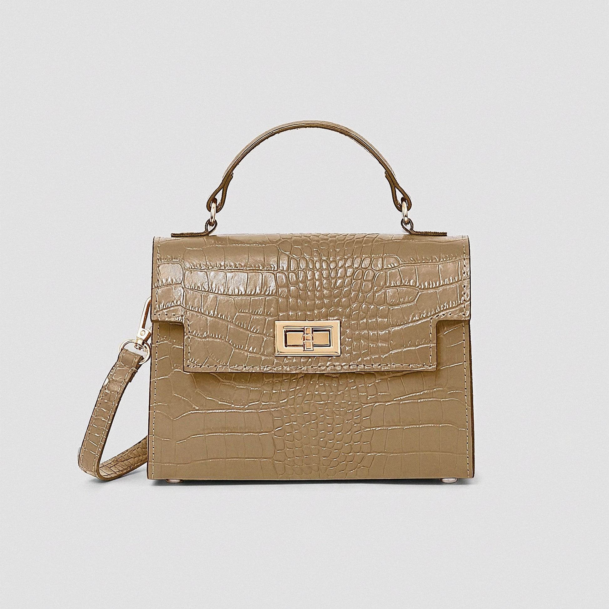 Light Taupe Margot Croc crossbody bag, studio product photo on grey background