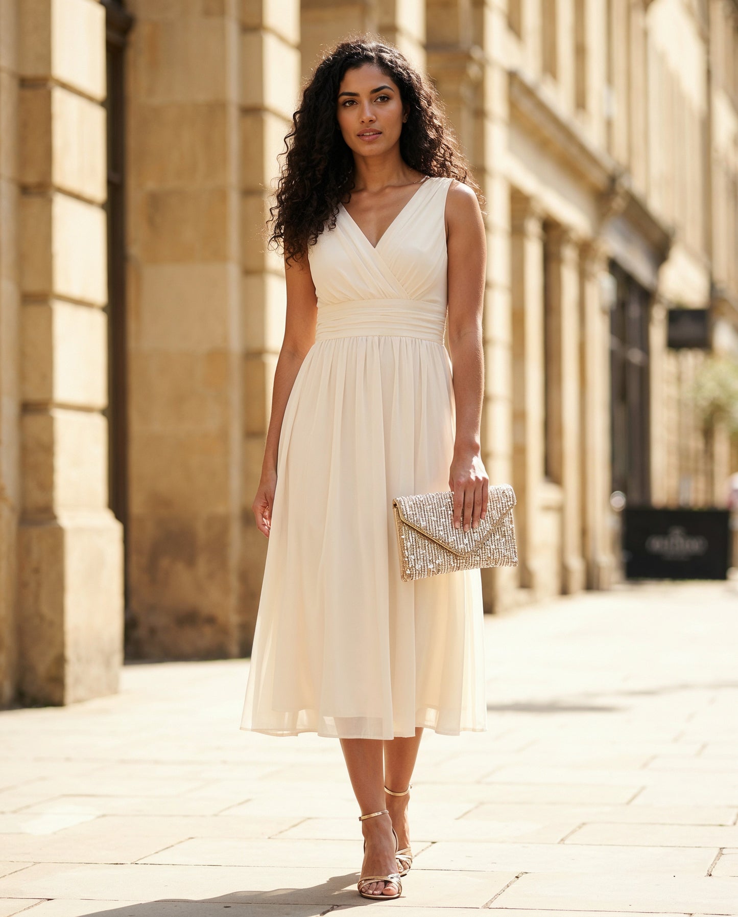 Woman carrying the Gold Perlette Pearl & Crystal Envelope Clutch on a sunlit street