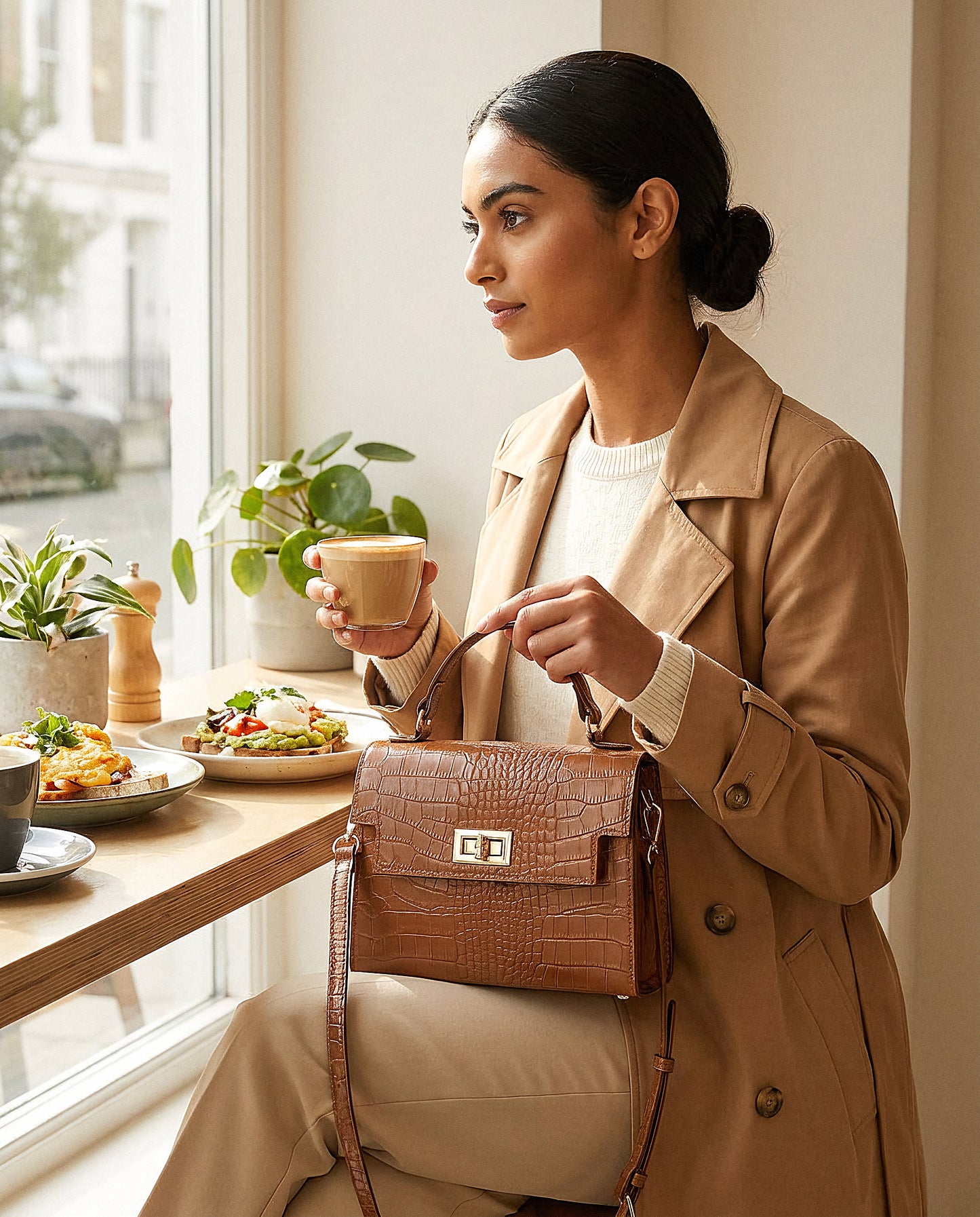 Woman with the Tan Margot Croc crossbody bag at a sunny brunch spot