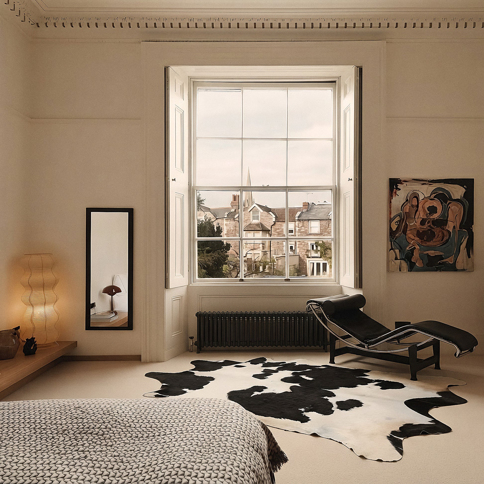Black and white cowhide rug styled on the floor of an elegant Georgian bedroom