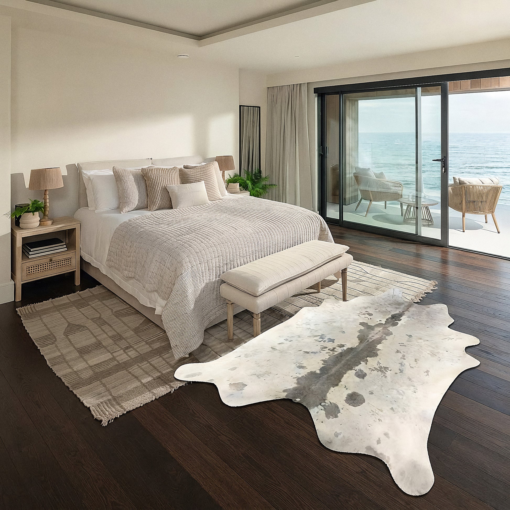 Ivory cowhide rug with grey dorsal stripe styled on the floor of a coastal ocean-view bedroom