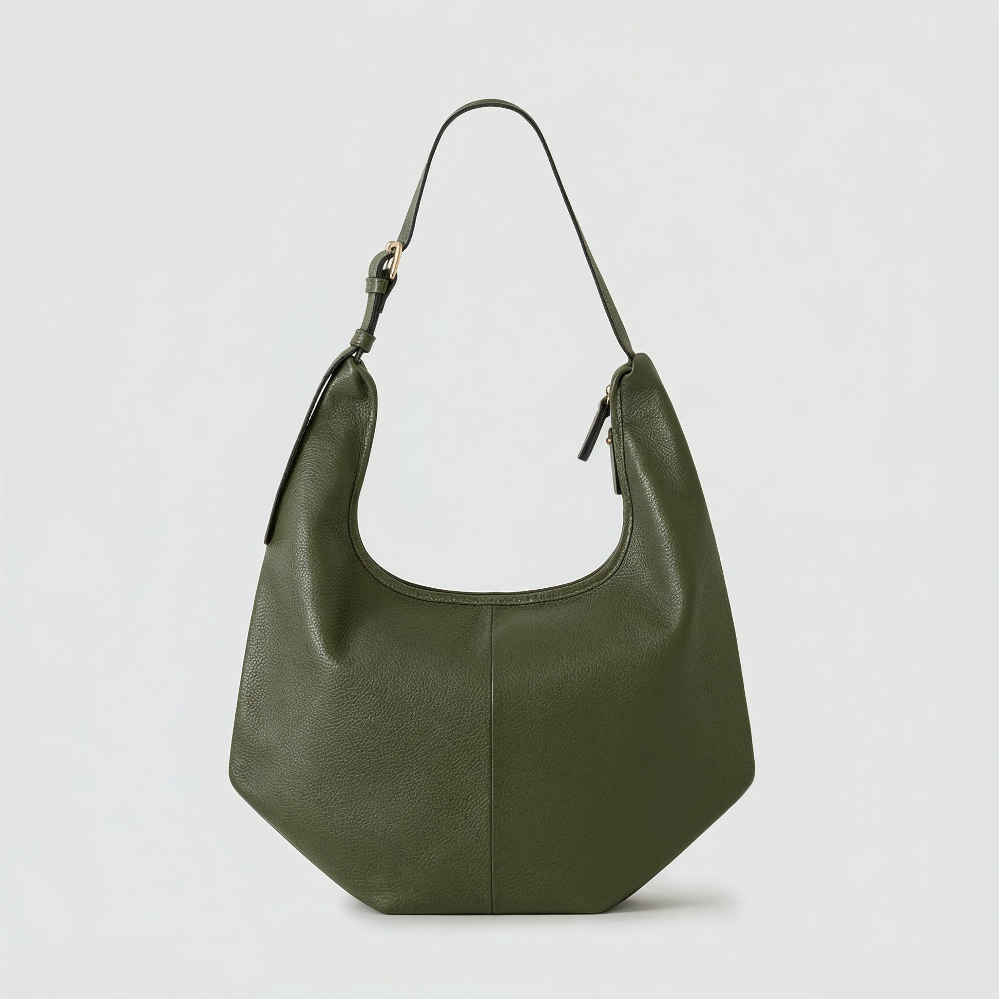 Ludovica leather hobo shoulder bag in dark olive on a light grey studio background
