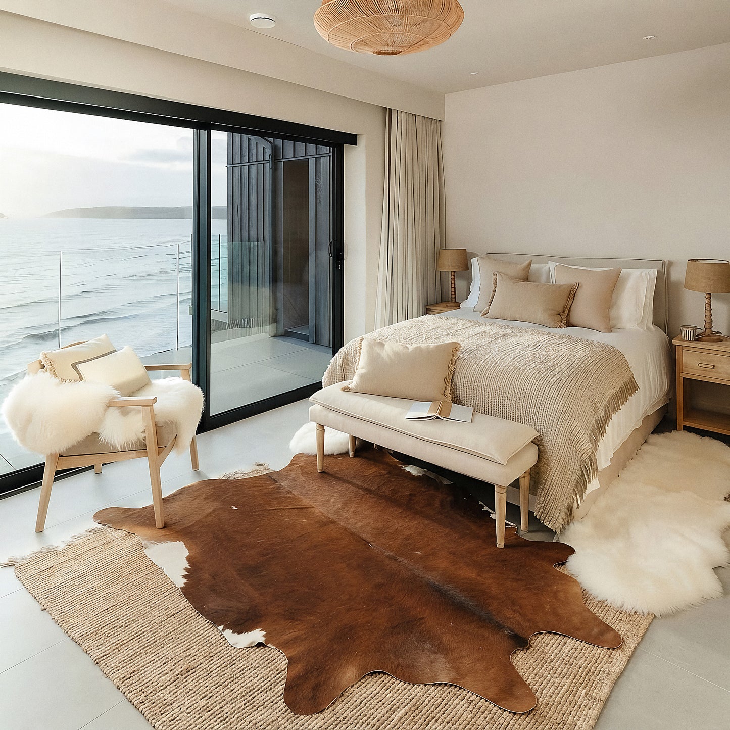 Chestnut brown cowhide rug in a coastal ocean-view bedroom