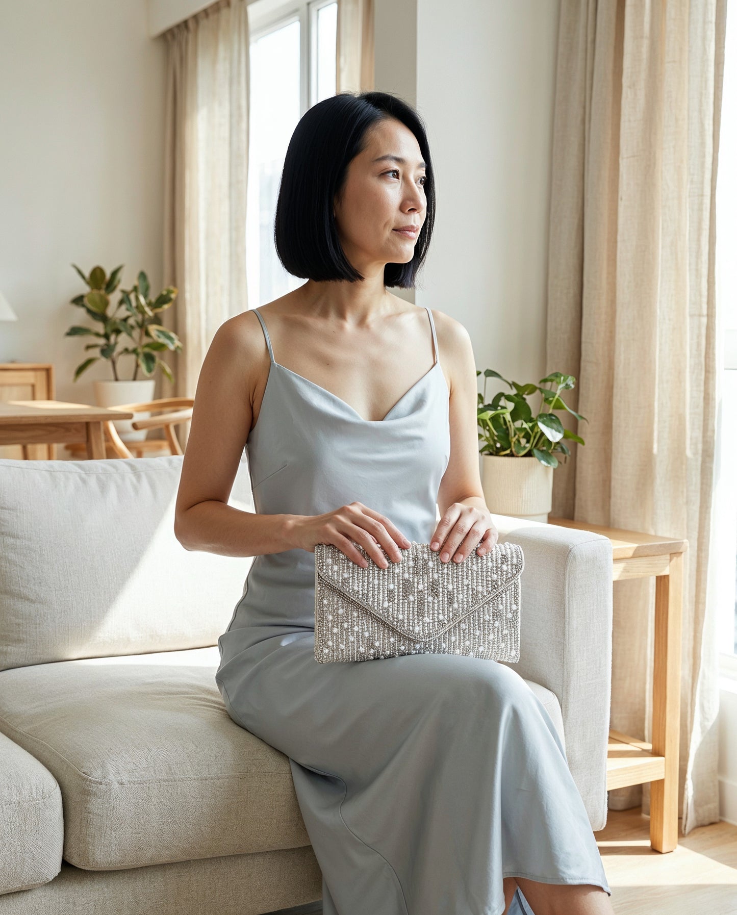Woman with the Silver Perlette Pearl & Crystal Envelope Clutch in a bright airy interior