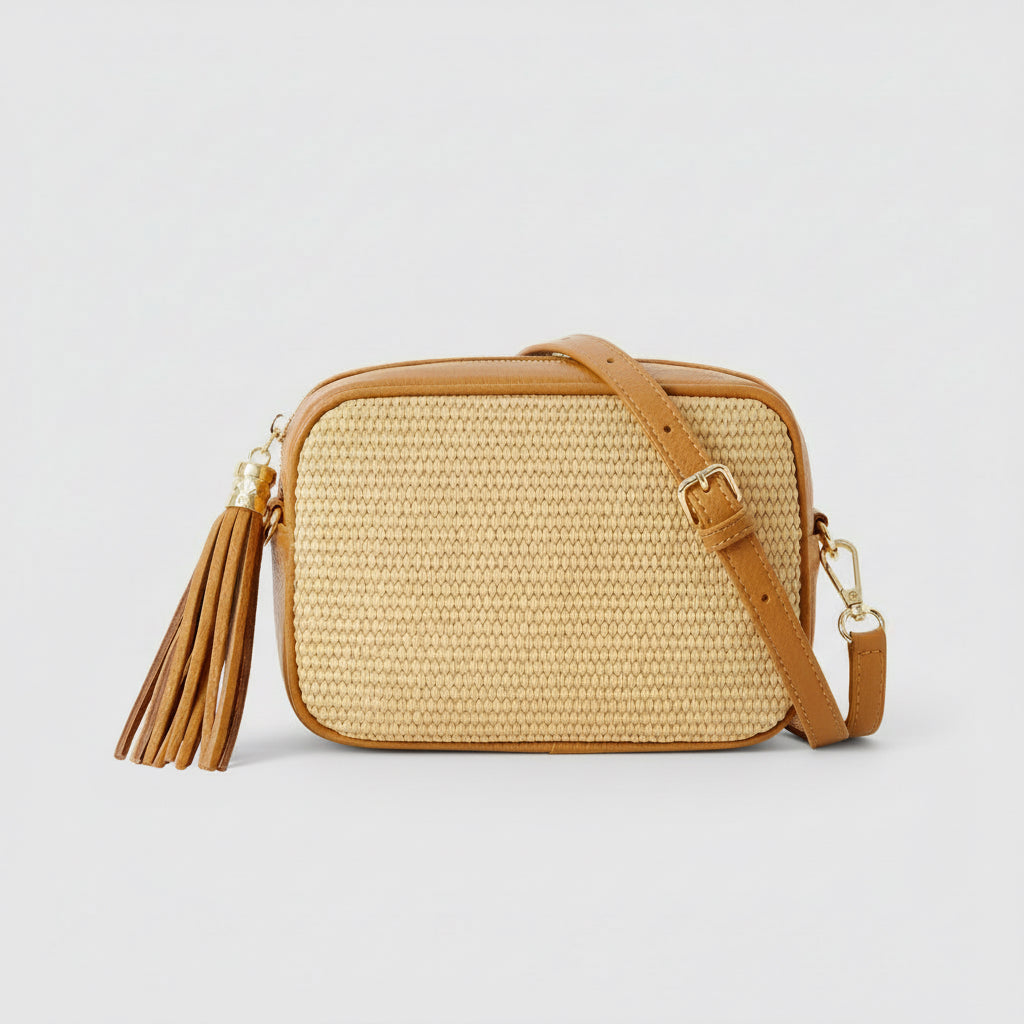 Éloise Raffia & Leather Tassel Camera Crossbody Bag by Clemés