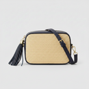 Éloise Raffia & Leather Tassel Camera Crossbody Bag by Clemés in Navy, three-quarter studio shot on grey background