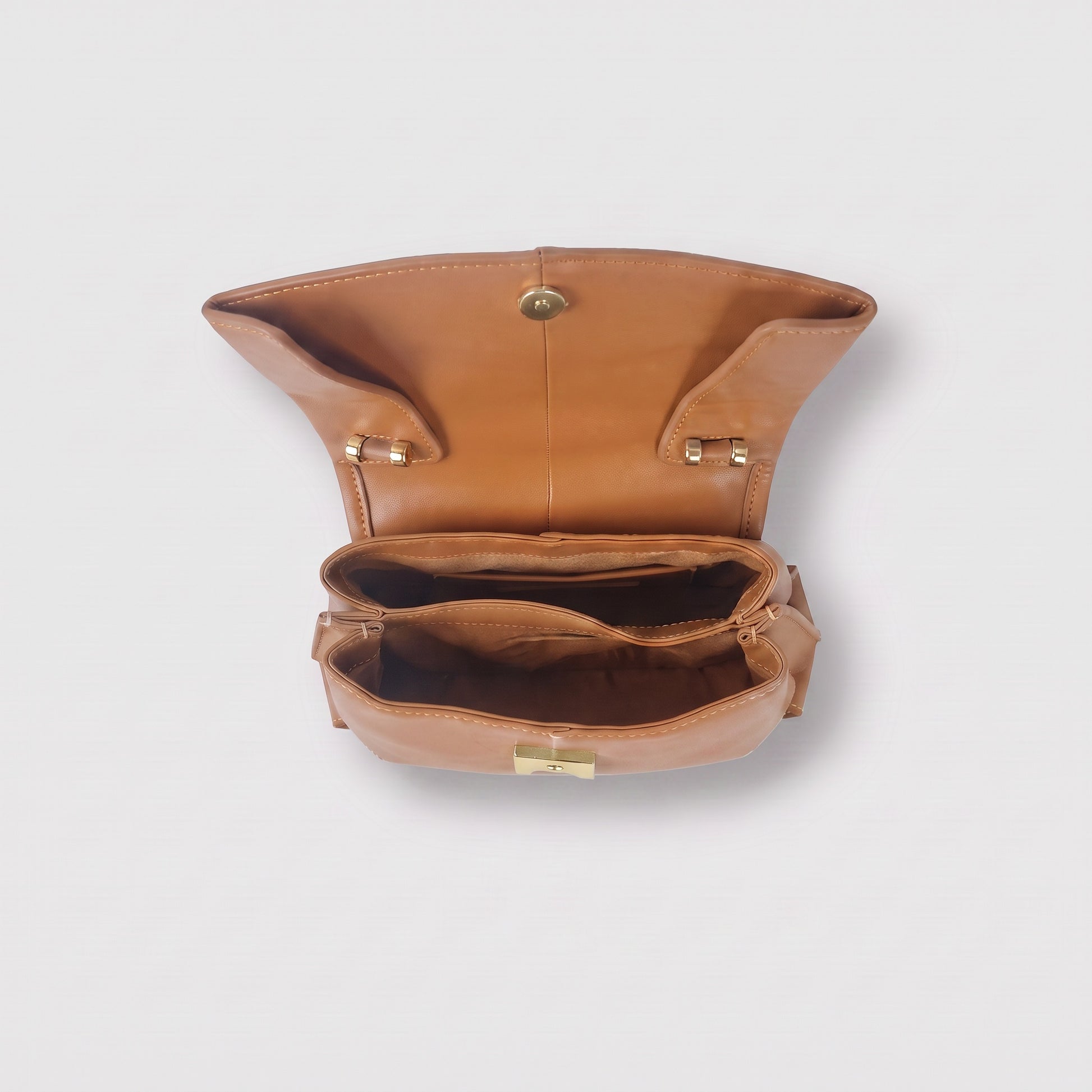 Fiorella bag in Cognac open flat-lay showing tonal interior