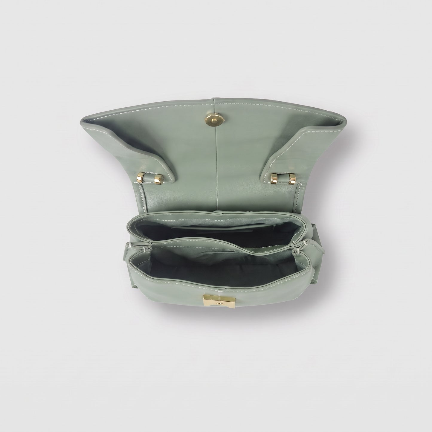 Fiorella bag in Sage Green open flat-lay showing tonal interior