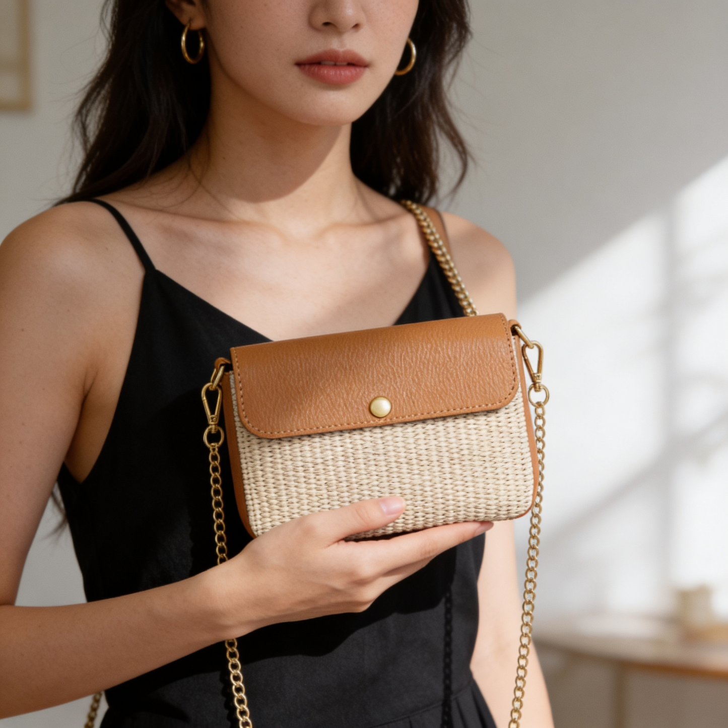 Élodie Raffia  & Leather Flap Crossbody Bag