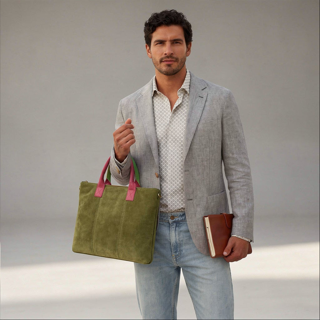 Milano Suede Bag, Olive, with Adjustable Shoulder Strap, Fuchsia & Green Leather Handles by Clemés