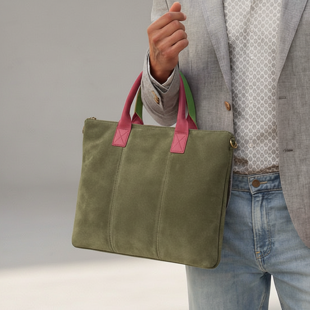 Milano Suede Bag, Olive, with Adjustable Shoulder Strap, Fuchsia & Green Leather Handles by Clemés