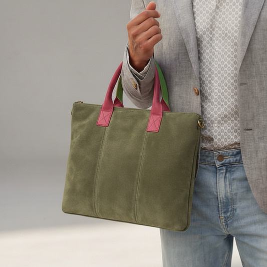Milano Suede Bag, Olive, with Adjustable Shoulder Strap, Fuchsia & Green Leather Handles by Clemés