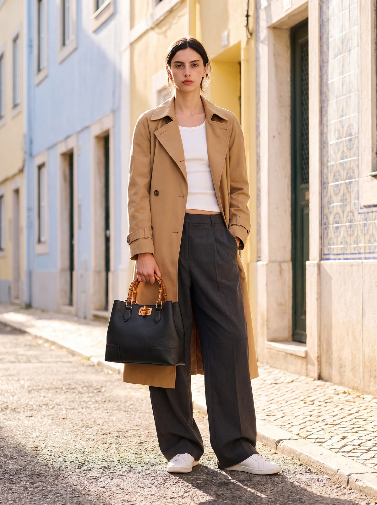 Woman in a camel trench coat on a sunny Lisbon street carrying the Ginevra Bamboo-Handle Leather Bag by Clemés in Black