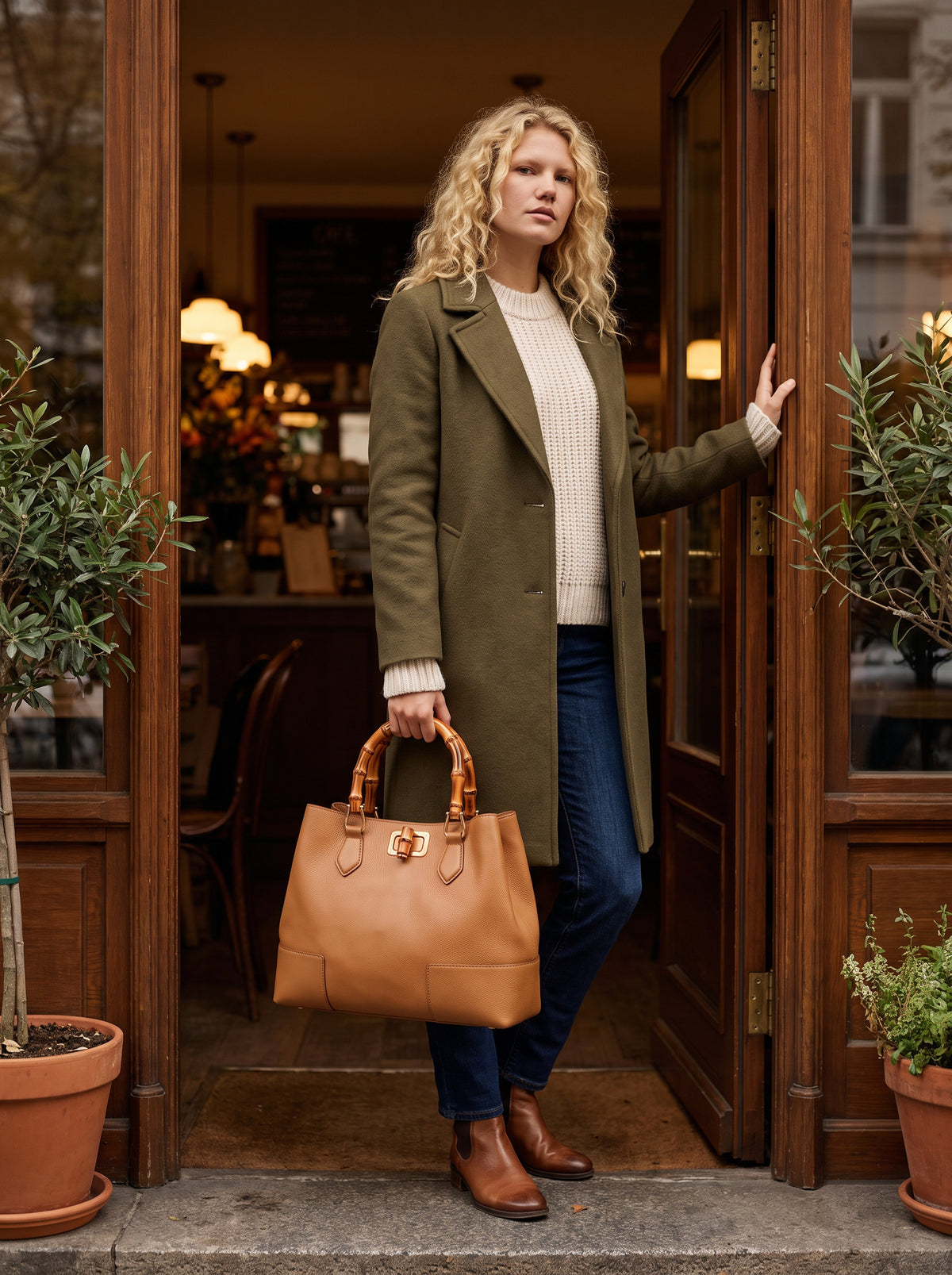 Woman in an olive wool coat at a café entrance carrying the Ginevra Bamboo-Handle Leather Bag by Clemés in Cognac