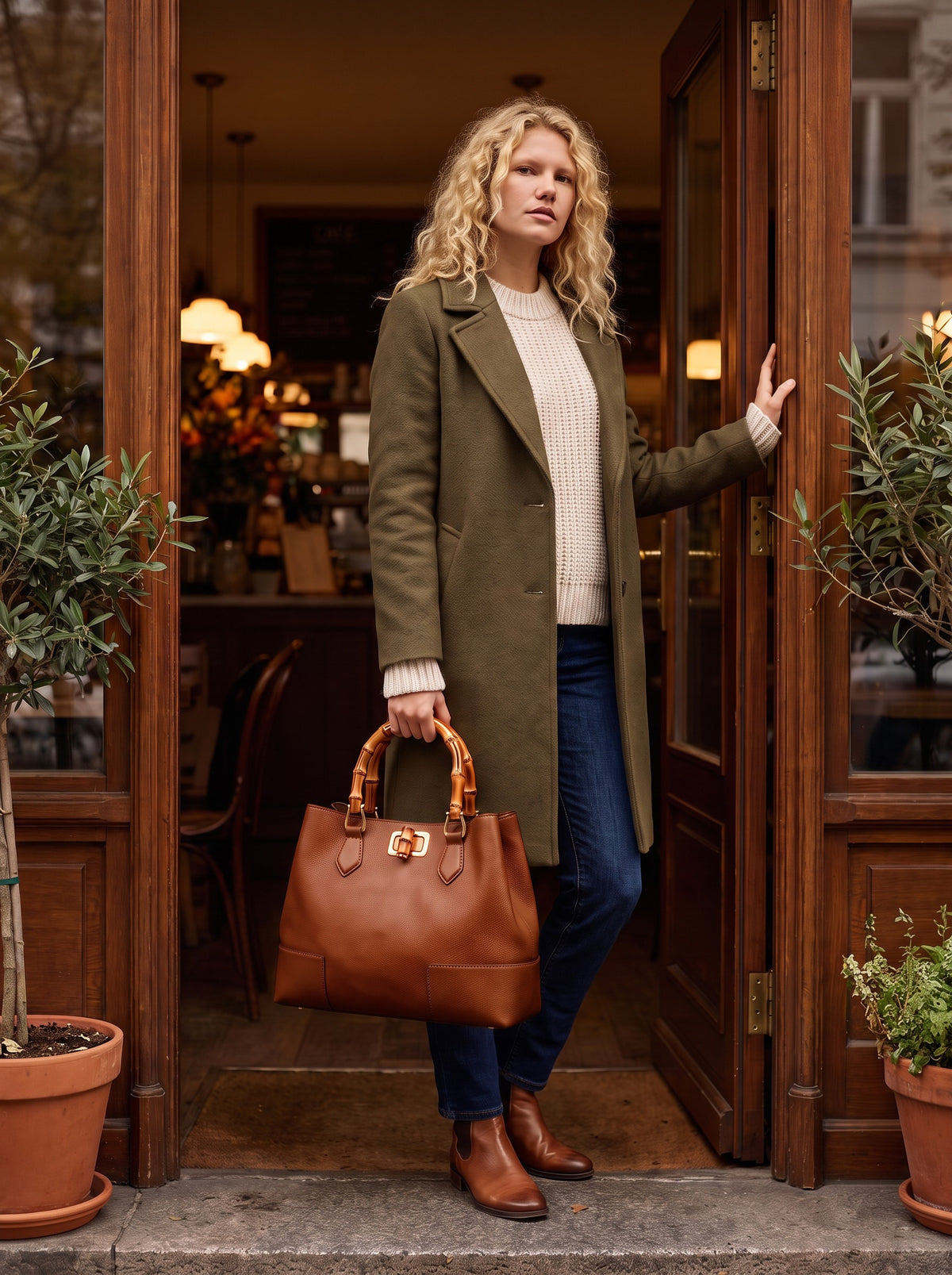 Woman in an olive wool coat at a café entrance carrying the Ginevra Bamboo-Handle Leather Bag by Clemés in Cognac
