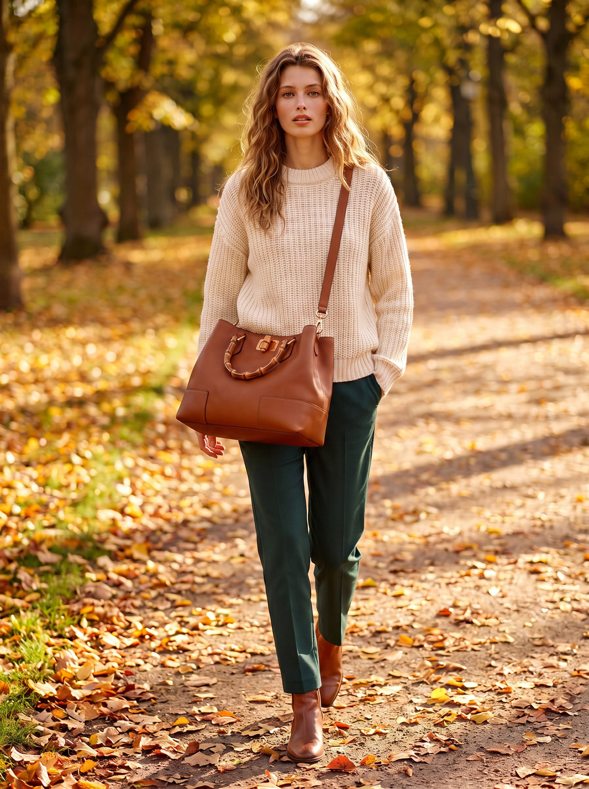 Woman walking in an autumn park wearing the Ginevra Bamboo-Handle Leather Bag by Clemés in Cognac on its shoulder strap