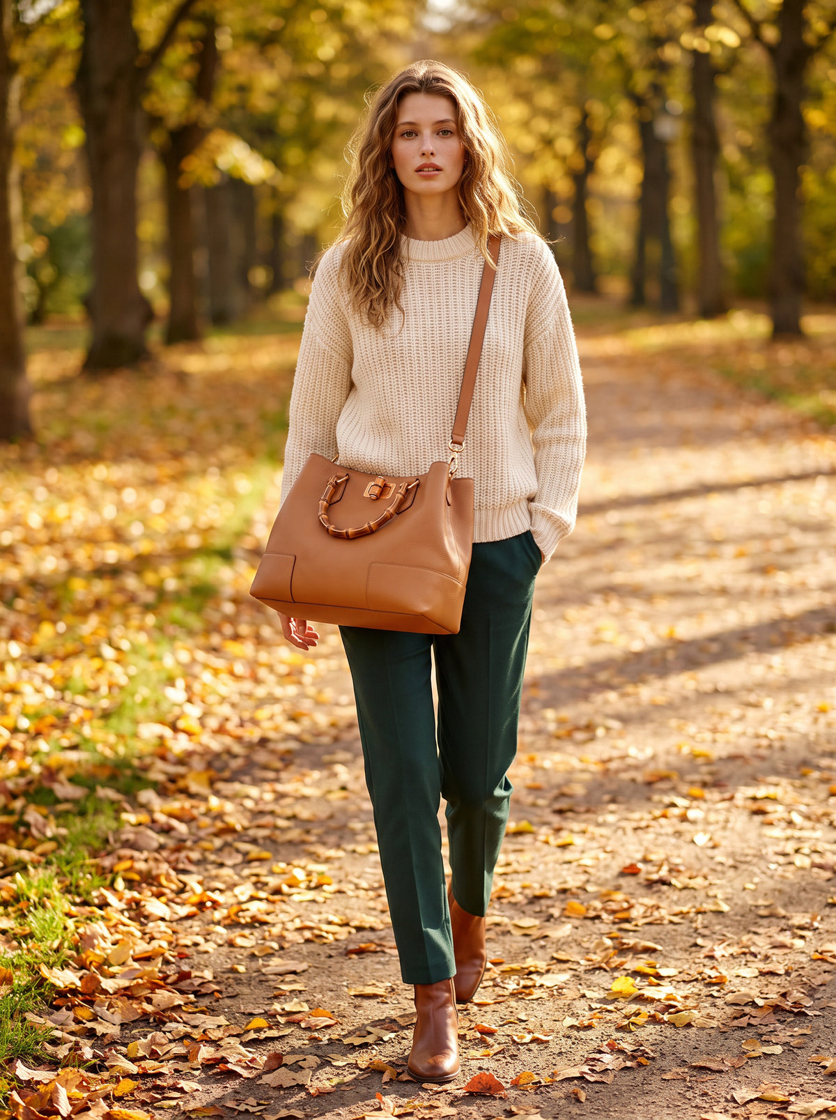 Woman walking in an autumn park wearing the Ginevra Bamboo-Handle Leather Bag by Clemés in Cognac on its shoulder strap