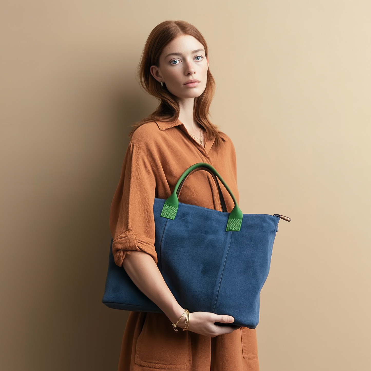 Milano Suede Bag, Blue, with Adjustable Shoulder Strap, Fuchsia & Green Leather Handles by Clemés