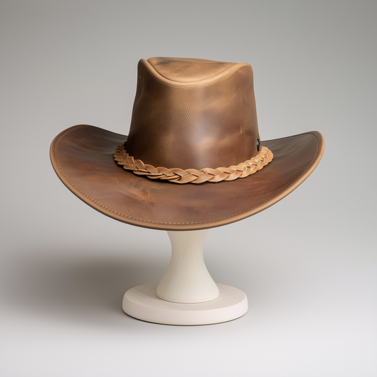Cowhide Leather Handmade Western Outback Cowboy Hat, Maven, Chestnut Brown