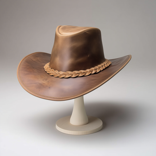 Genuine Cowhide Leather Handmade Western Outback Cowboy Hat, Maven, Chestnut Brown