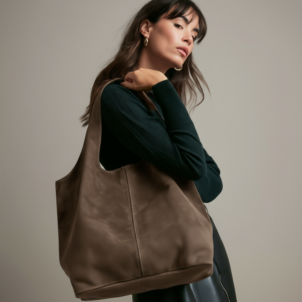 Giannina Suede Leather Shoulder Tote Bag With Internal Pouch by Clemés (Taupe)